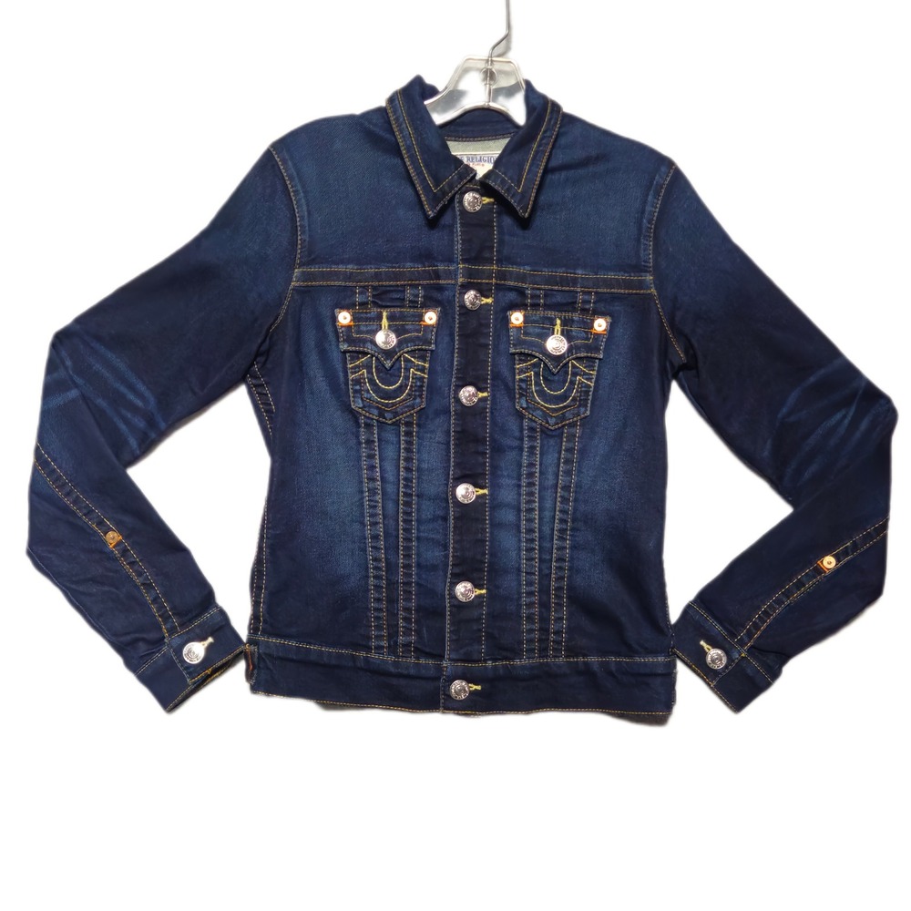 True Religion World Tour Trucker Jacket Womens M Dark Wash Stretch Denim EUC